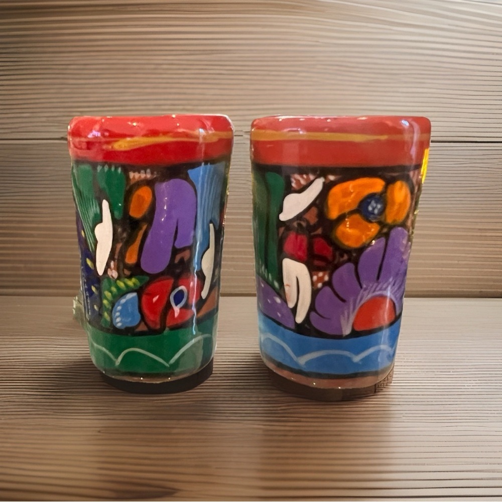 Set of 2 hand-painted tequila colorful clay shot glasses!! - Picture 2 of 3
